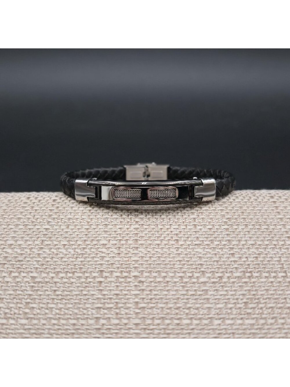 8.5 Inch Unisex Silver and Black Bar Mesh Accent Braided Leather Bracelet B1533